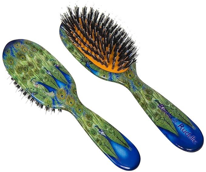 Rock & Ruddle Natural Mixed Boar Bristle Hair Brush for Women and Kids (Large, 21cm) - Perfect for Wet or Dry Hair, Detangling Smoothing Blowdrying - Designed & Made in UK - Peacocks Design