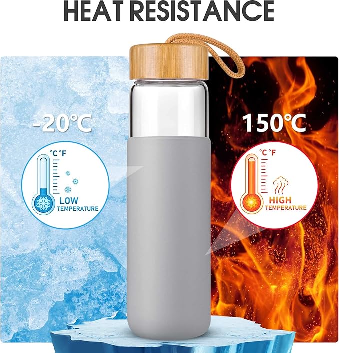 25 Oz Borosilicate Glass Water Bottles with Silicone Sleeve BPA Free, Dishwasher Safe - Reusable Clear Glass Drinking with Leak Proof Bamboo Lid | Perfect Gym Water Bottles for Men & Women