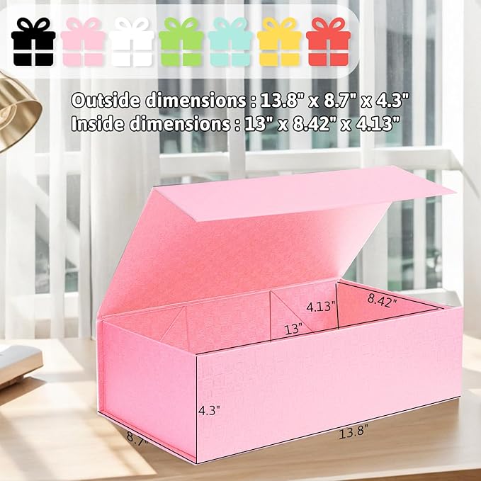 VGOODALL Pink Gift Box with Lid 14x8.7x4.3inches Magnetic Gift Box with Ribbon Greeting Card for Presents Birthdays Graduation Weddings