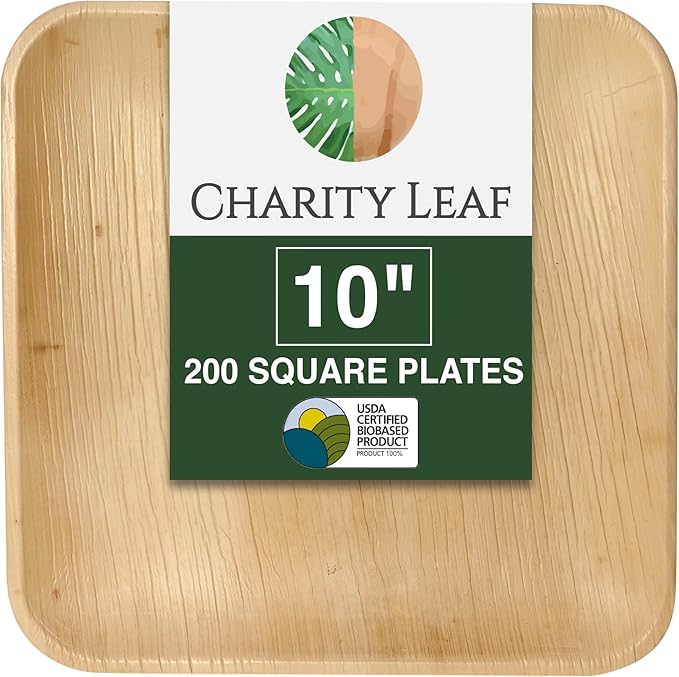 Charity Leaf Compostable 10" Square Palm Leaf Dinner Plates (200-pack) | Premium, 100% Natural, Disposable, Heavy Duty | Perfect for Parties, Weddings & Catering Events
