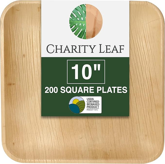 Charity Leaf Compostable 10" Square Palm Leaf Dinner Plates (200-pack) | Premium, 100% Natural, Disposable, Heavy Duty | Perfect for Parties, Weddings & Catering Events