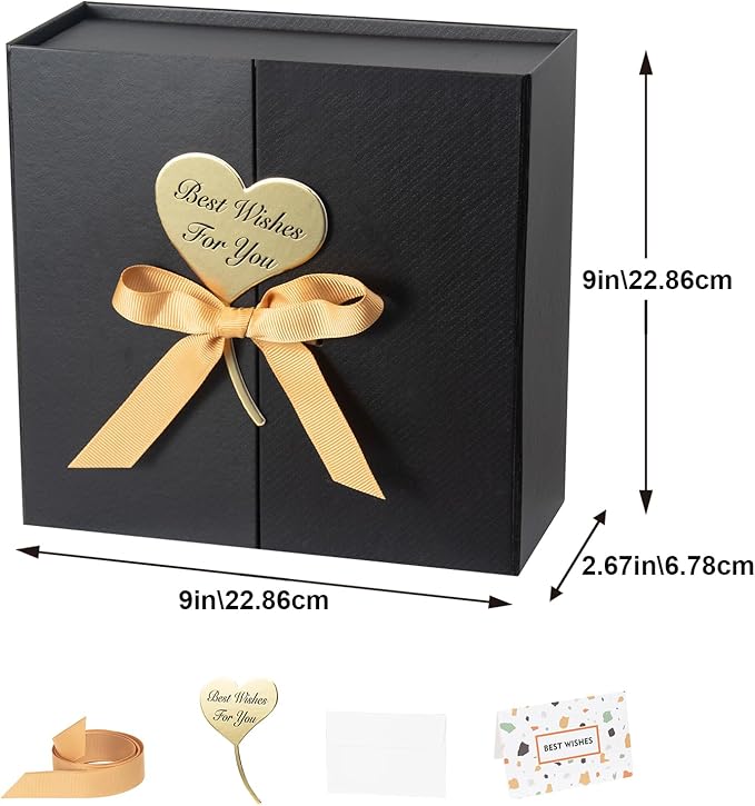 Gift Boxes with Lids, 9x9x3 Inch Black Gift Box with Ribbon Card Fancy Gift Wrap Boxes for Festival Anniversary Birthday Groomsmen Proposal Weddings Boyfriend Father's Day