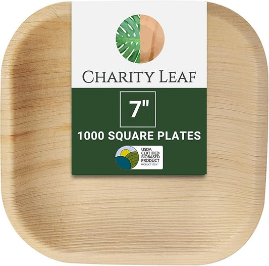 Charity Leaf Disposable Palm Leaf 7" Square Plates (1000 pieces) Bamboo Like Serving Platters, Disposable Boards, Eco-Friendly Dinnerware For Weddings, Catering, Event