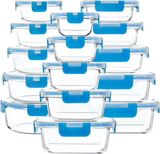 M MCIRCO 30 Pieces Glass Food Storage Containers with Upgraded Snap Locking Lids,Glass Meal Prep Containers Set - Airtight Lunch Containers, Microwave, Oven, Freezer and Dishwasher Friendly, Blue