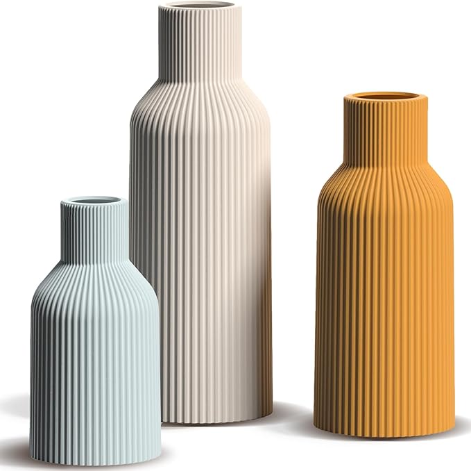 Colorful Ceramic Vases Set of 3, Colorful Ribbed Decorative Vases - Table Centerpieces for Wedding, Living Room, Office & Shelf Decor