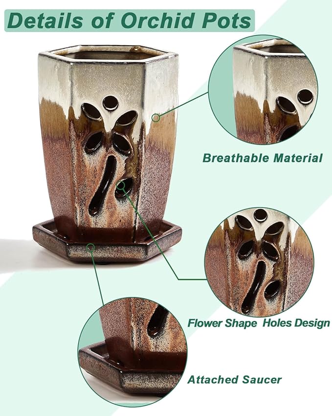 vensovo 4 Inch Ceramic Orchid Pots with Holes and Saucers - 1 Pcs Small Hexagon Succulent Pot for Repotting, Garden Flowerpots for Plants Indoor and Outdoor Promotes Air Circulation, (Brown Mixed)