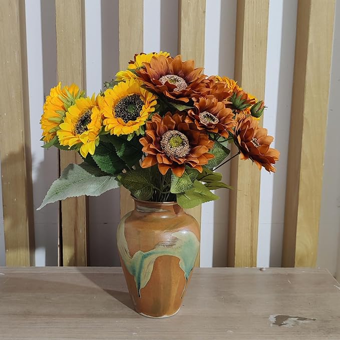 Terracotta Pottery - 8.8" Unique Decorative Vintage Vase, Green Glazed Earth Yellow Boho Neutral vase Home Decor, Wide Mouth Ceramic Farmhouse Flower Vases for Living Room, Kitchen Decor