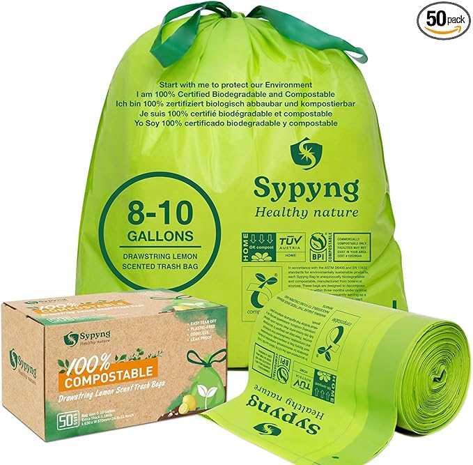 Compostable Kitchen Trash Bags 8-10 Gallon (50-Pack) – Heavy-Duty, 1.1 Mil Thick, 100% Biodegradable Bag for Medium to Large Bins. ASTM D6400, BPI & OK Compost HOME Certified Eco-friendly & Recyclable
