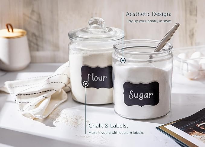 KooK Glass Storage Containers with Lids, 1/2 Gallon, Set of 2, Glass Kitchen Jars, Food & Cookie Storage Containers for Pantry, Bathroom Apothecary Canisters, Dishwasher Safe, Chalk, Label, Scoops