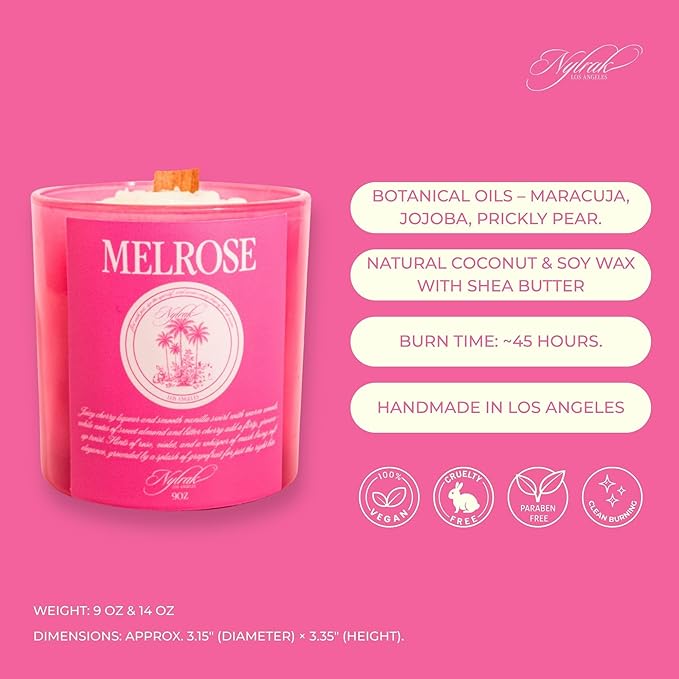 Nylrak™ Melrose Hydrating Body Oil Candle, Cherry, Vanilla and Rose Scent, Soy and Coconut Wax with Natural Wood Wick, Melts into a Moisturizing Body Oil, Vegan and Cruelty Free (Large, 14, Ounce)