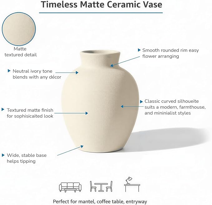 6-Inch Off-White Ceramic Flower Vase, Rustic Farmhouse Boho Pottery Centerpiece for Home Decor, Table, Living Room & Mantel