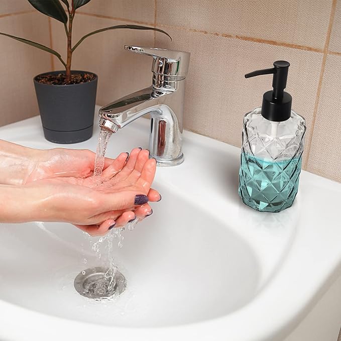 2Pcs Clear Glass Soap Dispenser with Pump, 11oz Diamond Design Refillable Soap Dispenser for Hand Wash, Dish Wash for Dishwashing Liquid, Lotions, Essential Oil