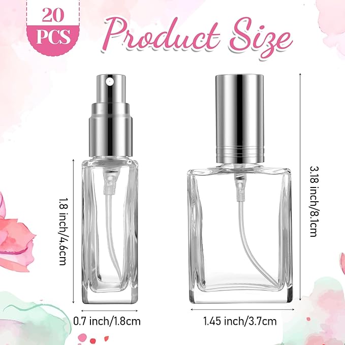 20 Pcs Clear Glass Fine Mist Atomizer Spray Bottle, 15ml Portable Square Empty Glass Perfume Atomizer Bottles, Clear Refillable Perfume Bottle with 10 5ML Droppers and 10 Funnels