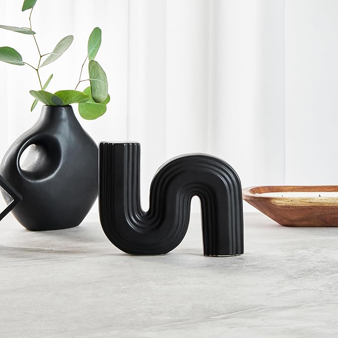 Restaurantware-Table Art Flower Vase, 1 Minimalist Vase - S-Shaped Style, for Fresh Or Artificial Flowers, Black Ceramic Piece for Home Decor, Kitchen, Home, Living Room, Office, and More
