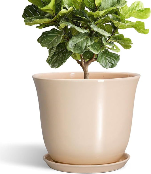 Ceramic Plant Pots - 12 Inch Plant Pot with Drainage Hole and Tray, Large Round Flower Pot for Indoor Outdoor, Modern Planter, Decorative Planters, Home Garden Decor, Beige