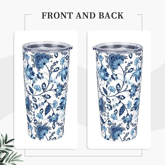Blue White Porcelain Pattern Tumbler,Ceramics Flower 20oz Stainless Steel Insulated Travel Tumblers,Travel Coffee Mug with Lid and Straw Water Bottle Drink Cups Gifts for Women Men Lovers