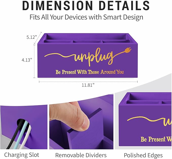 Bamboo Wood Phone Box – Unplug from Phones, Tablets, and Electronics for Study, Meetings, and Family Time, Phone Holder Organizer with Charging Holes, Farmhouse Style, Holds Up to 18 Phones-Purple