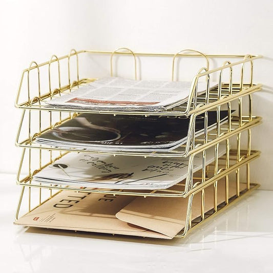 Jolitac Rose Gold 4-Tier Stackable Paper Tray Desk Organizer, Workspace Decorative Stacking Rack Supplies Holder, Metal Letter Trays for File Documents in Home & Office (Gold)