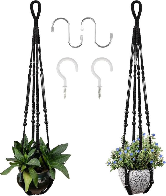 RIFNY Macrame Plant Hanger for 5 to 10 Inch Plant Pots, 35 Inch Woven Rope Hanger Kits with Hooks and Wood Beads, Hanging Planter Basket for Indoor Boho Home Decor (Black, 2 Pack)