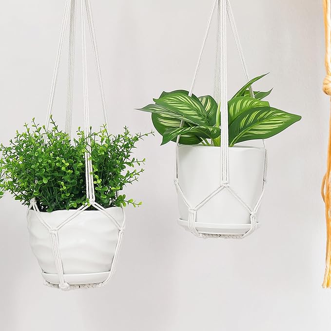 YIBOT Macrame Plant Hanger Indoor Set of 2 with 2 S Hooks, Indoor Outdoor Hanging Planter for Plants Holder with Decorative No Tassels, Boho Home Decor, 35 Inch, Ivory (Pots Not Included)