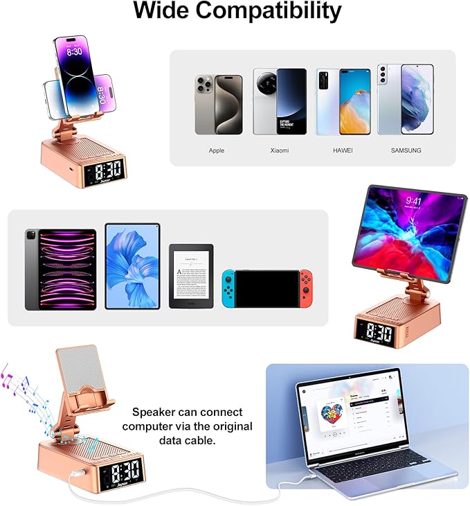 Gifts for Women Girls, Phone Stand with Bluetooth Speaker 360° Rotable Angle Adjustable Cell Phone Holder for Desk with HD Subwoofer Sound Fits All Phones,Tablets (Rose Gold)