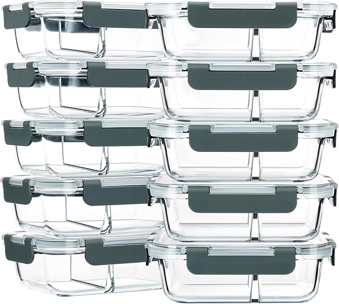 M MCIRCO 10-Pack,30 Oz Glass Meal Prep Containers 2 Compartments Airtight Lunch Bento Boxes with Lids, Glass Food Storage Containers, Microwave, Oven, Freezer and Dishwasher