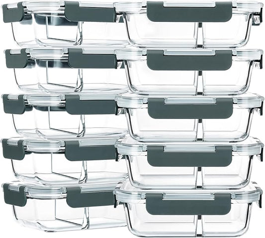 M MCIRCO 10-Pack,30 Oz Glass Meal Prep Containers 2 Compartments Airtight Lunch Bento Boxes with Lids, Glass Food Storage Containers, Microwave, Oven, Freezer and Dishwasher