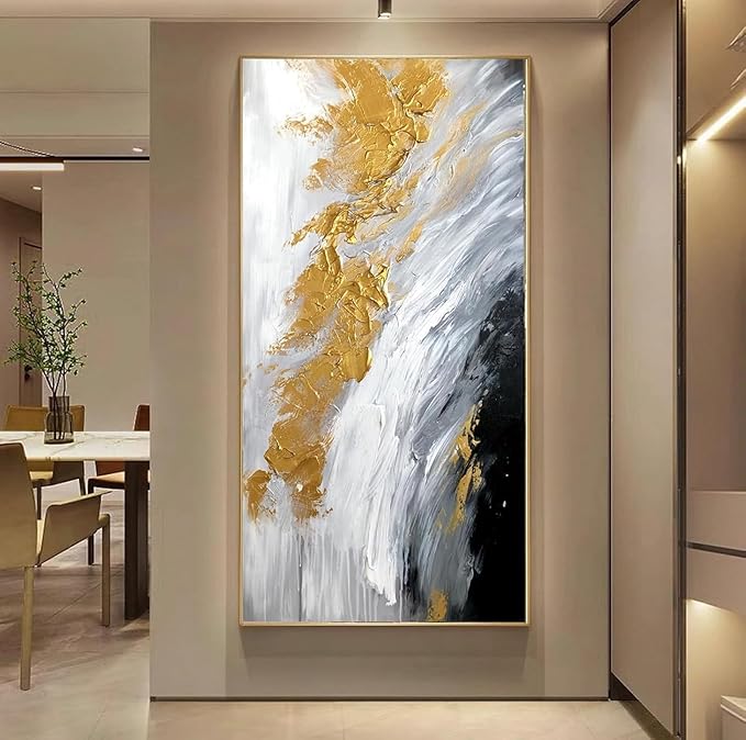Hand-Painted Black and White Abstract Oil Painting on Canvas for Entrance-Hall, Framed Gold Wall Art for Living Room,Large 3D Wall Picture for Bedroom Kitchen Home Decoration 24x48inch