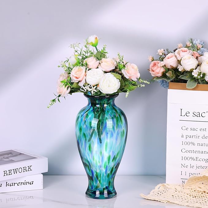 Hand Blown Glass Vase 11.8" Tall Beautiful Turquoise Sea Wide Mouth Bud Vase for Table Centerpiece, Painted Colorful Murano Glass Flower Vases for - Home Entrance Wedding Center
