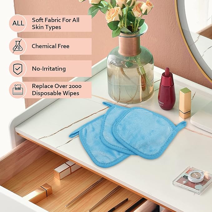 HOMEXCEL Makeup Remover Cloth 12 Count (Pack of 1), Reusable Makeup Remover Pads, Washable Ultra Soft Facial Cleansing Cloths For All Skin Types, 5 X 5 In, Blue