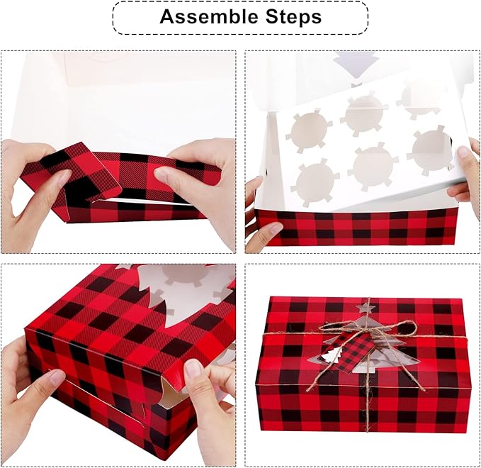 Ruisita 30 Pack Christmas Cupcake Boxes Plaid Cookie Gift Boxes Food Treats Container with Tags for Cupcake, Candy, Party Favors (Red+Black, 10 x 6.3 x 3 Inches)