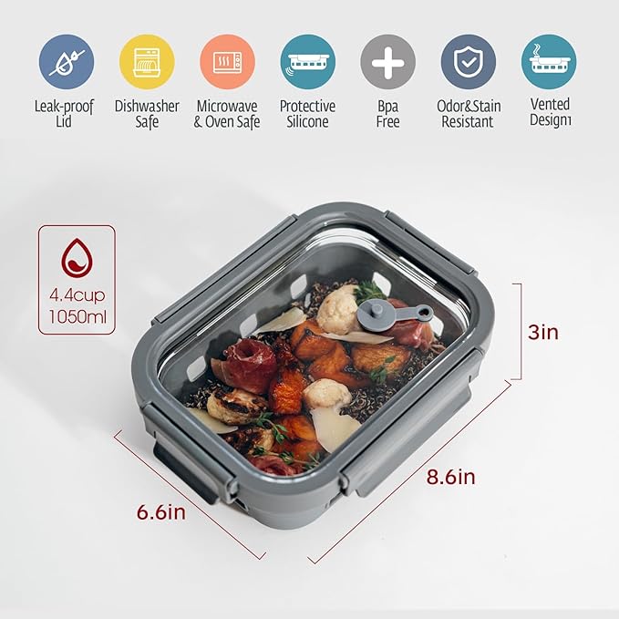Glass Food Storage Containers With Glass Lids Bento Box Set Lunch Box Eco Friendly Meal Prep Containers Airtight – Plastic Free, Silicon Sleeve Bpa Free 4.4cup/ 5 * 1050ml
