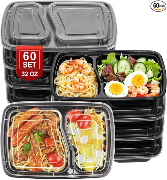 60 Sets 32oz Meal Prep Containers 2 Compartment - Plastic Food Storage Containers 2 Compartments with Lids