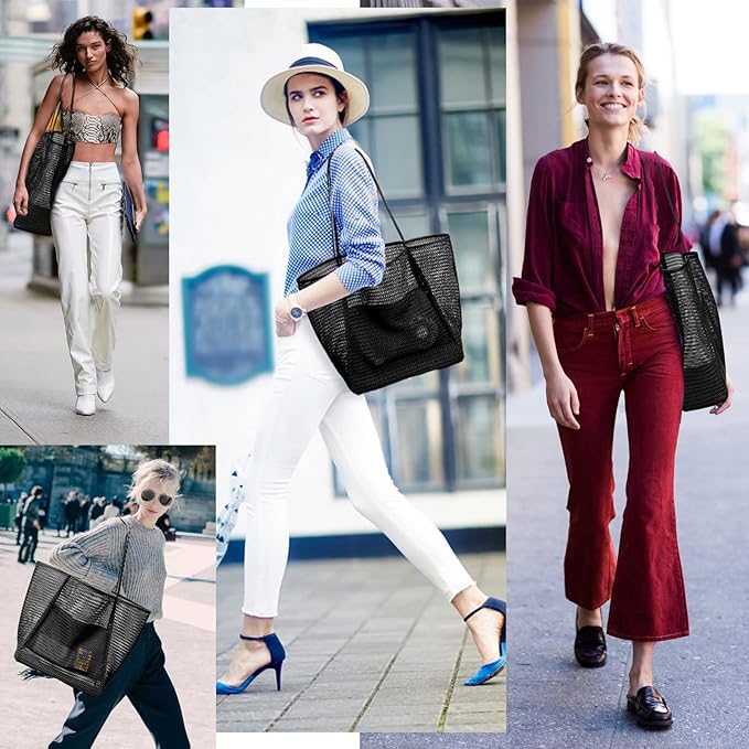 KALIDI BeachNylon Mesh Tote Bag, Casual Tote Bag Hobo Women Foldable MAX 23L Shoulder Bag For Beach Picnic Vacation