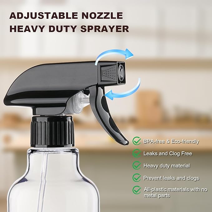Spray Bottles Plastic Spray Bottle for Hair Mist/Stream Heavy Duty Empty Spray Bottles for Cleaning Solutions, Plants, Cooking (16.9oz-Blackclear+nozzle)