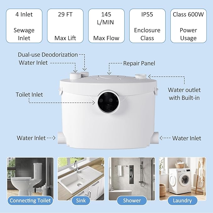 Simple Project 600W Macerating Toilets of Upflush Toilet for Basement | Macerating Toilets System with Macerator Pump, Upflow Toilet System Included Water Tank, Toilet Bowl＆Seat, Extension Pipe