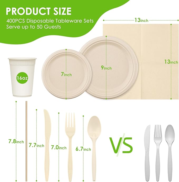 400PCS Disposable Paper Plates Set, Compostable Eco-friendly Dinnerware Set, Biodegradable Heavy-Duty Paper Plates, Utensils, Cups and Straws for Party Camping Natural Brown