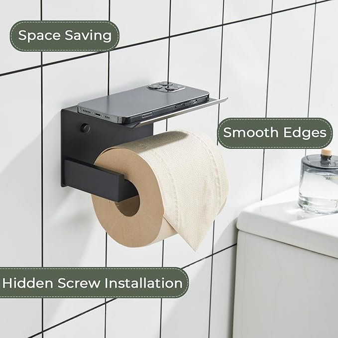 KOKOSIRI Black Toilet Paper Holders with Shelf Bathroom Toilet Paper Roll Holder Matte Black Stainless Steel Wall Mounted, 2 Pack, B2010BK-P2