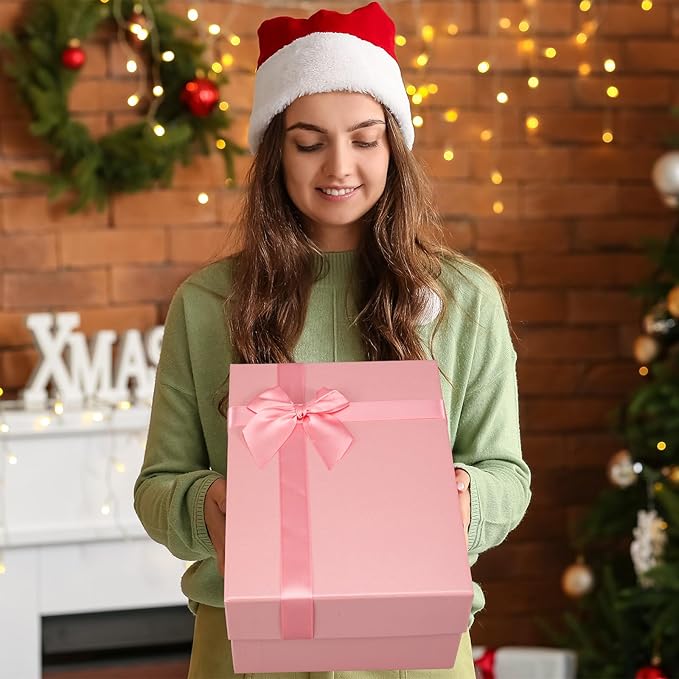 Tenceur 10 Pcs Gift Boxes with Lids Heavy Duty Nested Assorted Sizes Cardboard Gift Boxes for Presents with Ribbon for Xmas Holiday Present(Pink,5 Size)