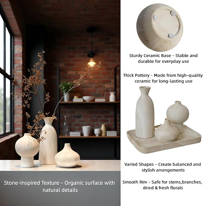 White Ceramic Vase Set of 3 with Stone Texture, Modern Minimalist Pottery Vases for Dried Flowers, Pampas Grass, Rustic Farmhouse & Aesthetic Home Decor for Living Room, Bedroom, Kitchen