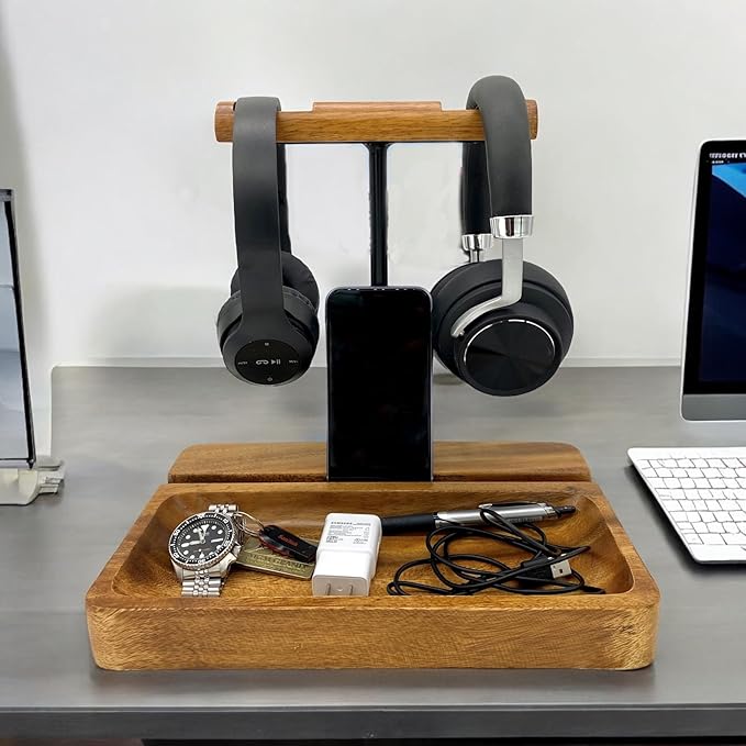Dual Headphone Stand, Solid Acacia Wood Headset Holder for 2 Headphones, Cell Phone & Tablet, Desk Organizer Tray for iPhone, iPad, Bose, Sony, Beats, Sennheiser, Gaming & Office Desk Setup
