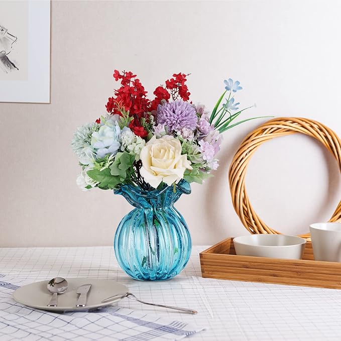 Blown Glass vase, Green Glass vase, Modern Art vase, Wide Mouth vase for Living Room Wedding Table Office centerpieces with Flowers.