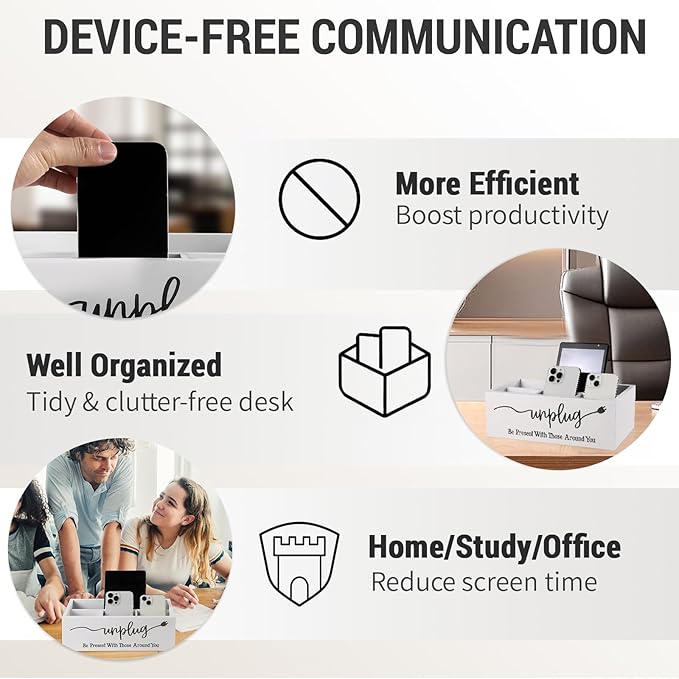 Bamboo Wood Phone Box – Unplug from Phones, Tablets, and Electronics for Study, Meetings, and Family Time, Phone Holder Organizer with Charging Holes, Farmhouse Style, Holds Up to 18 Phones-White