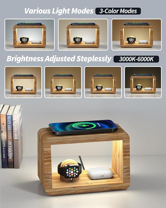 Bamboo Wireless Charging Station: 4-in-1Wireless Charger with Night Lights - Fast Charging Stand Compatible with iPhone 17/16/15/14/13/12 Pro Max/X/Xs Max/8, AirPods Pro, Watch Series
