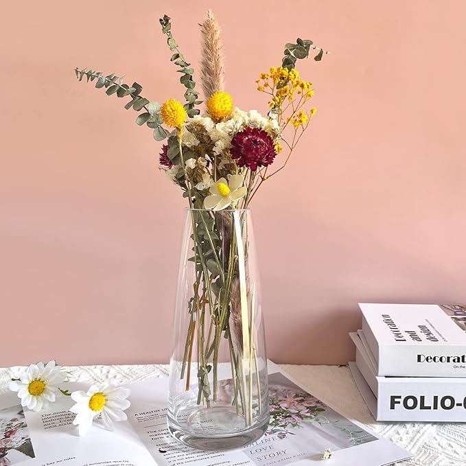 Aoderun Glass Vase for Flowers Modern Vases Home Decor Unique Flower Vase for Bouquet 8.7" Centerpiece Vase Decor Room,Bedroom,Living Room,Library,Office,Table,Entryway,Modern Farmhouse(Clear)
