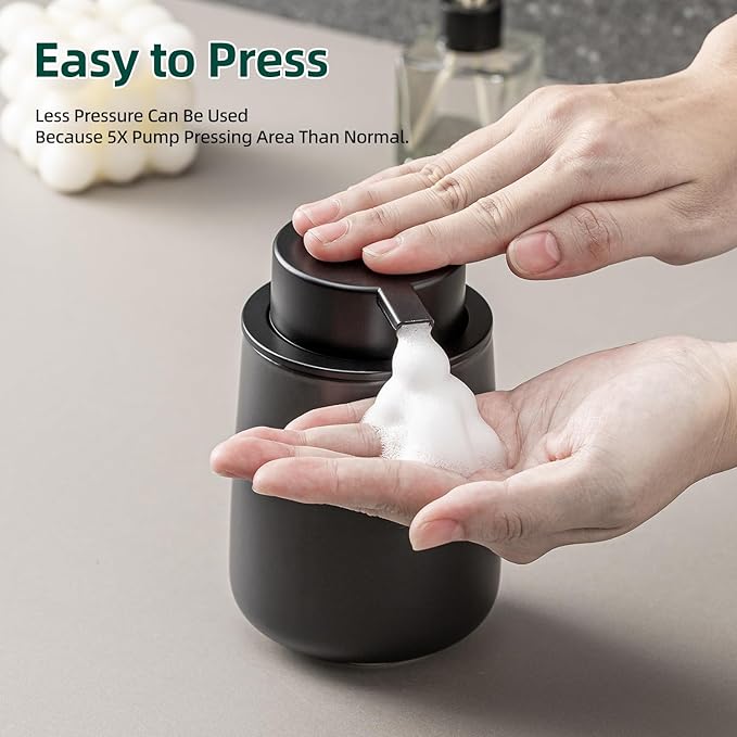 Black Foaming Soap Dispenser - Modern Ceramic Foam Hand Soap Dispenser Bathroom, 12 Oz Facial Cleanser Dispenser Bottle with Foam Pump, Refillable Wash Dish Dispenser for Kitchen