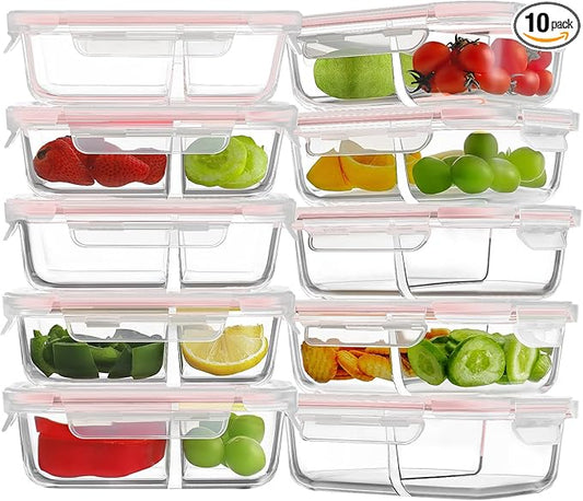 HOMBERKING 10 Pack 24oz Glass Meal Prep Containers 2 Compartment, Glass Food Storage Containers with Lids, Airtight Glass Lunch Bento Boxes, BPA-Free & Leak Proof (10 lids & 10 Containers) - Pink