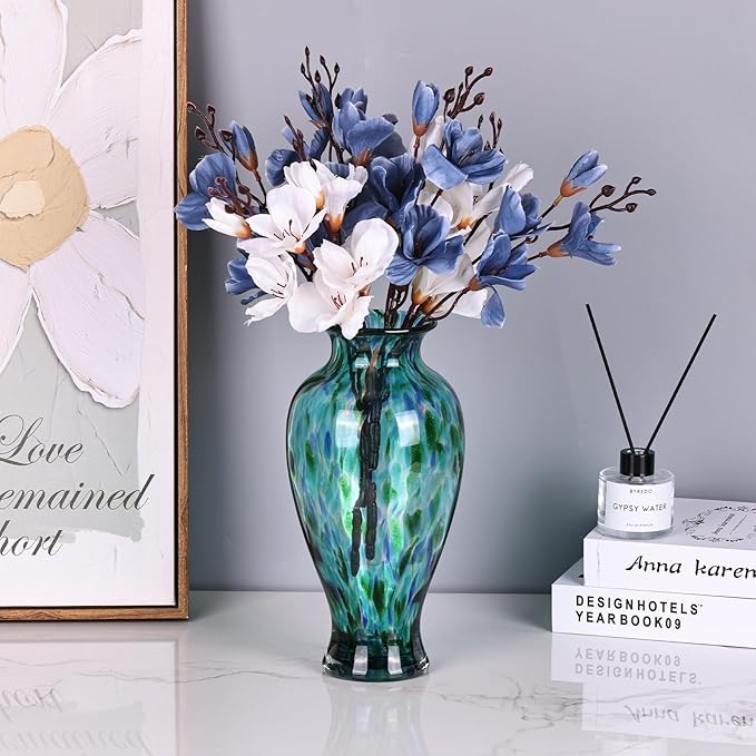 Blown Glass vase, Unique Glass vase, Glass Green Decorative vase for Home Living Room Dining Table re Office Wedding Entrance Desktop Decorative vase.