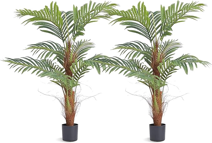VEVOR Artificial Palm Tree, 4 FT Tall Faux Plant with 10 Artificial Leaves and Moss-Covered Potting Soil, Lifelike Green Fake Tree for Home Office Christmas Decor Indoor Outdoor - 2 Pack