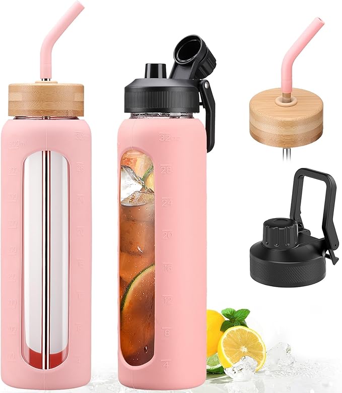32oz Glass Water Bottle with Straw and 2 Lids- Bamboo and Spout Lid,Motivational Sports Water Bottle with Silicone Sleeve and Time Marker,Reusable for Gym, Outdoors, Pink